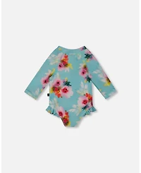 Deux par Deux Baby Girls Printed One-Piece Rashguard With Frills Turquoise And Pink Flowers