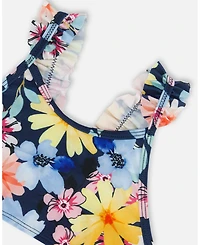 Deux par Deux Girl Printed Two-Piece Swimsuit Navy And Yellow And Pink Flowers - Toddler|Child
