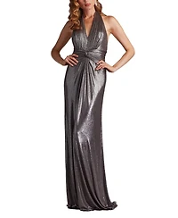 Tadashi Shoji Women's Mona Pleated Metallic Halter Gown