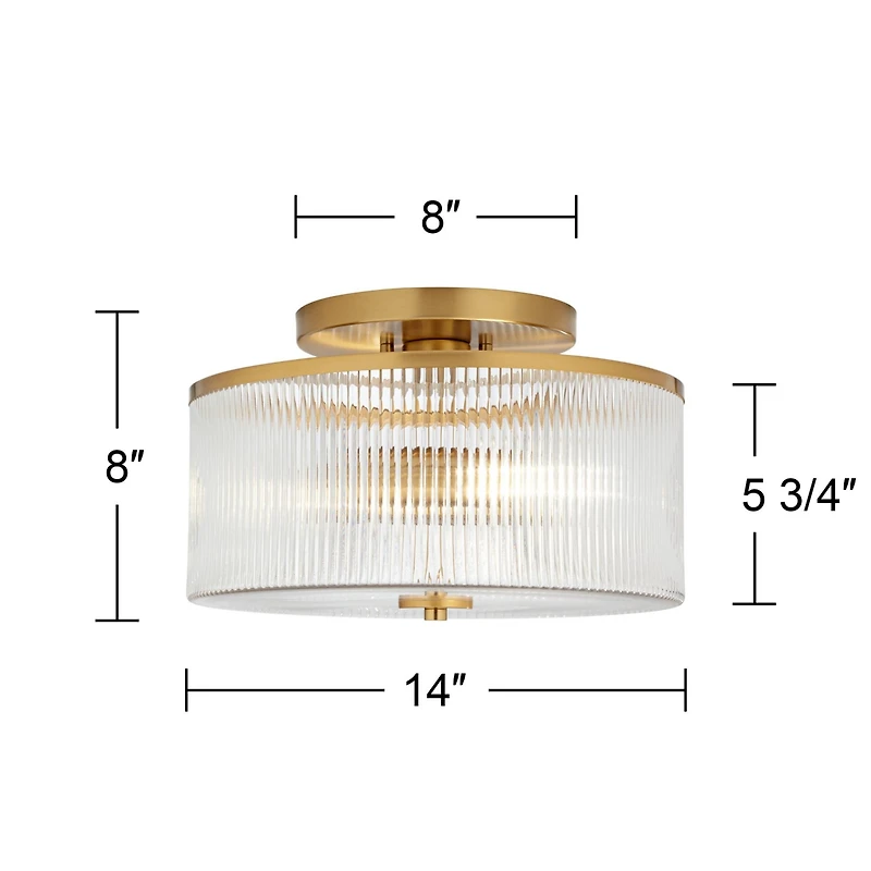 McKenzie 14" Mid Century Modern 2-Light Semi Flush-Mount Ceiling Light Fixture Kitchen Foyer Hallway Drum Round Warm Brass Finish Ribbed Glass Me