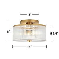 McKenzie 14" Mid Century Modern 2-Light Semi Flush-Mount Ceiling Light Fixture Kitchen Foyer Hallway Drum Round Warm Brass Finish Ribbed Glass Me