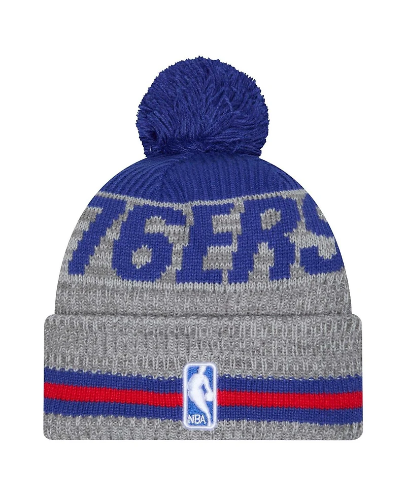 New Era Men's Gray Philadelphia 76ers Sport Night Runner Cuffed with Pom Knit Hat