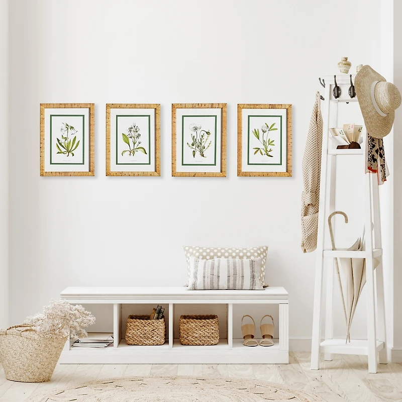 11.75" x 15.75" White Floral Flowers Decorative Study Wall Art Prints w/ Bamboo Wrapped Frame, Set of 4