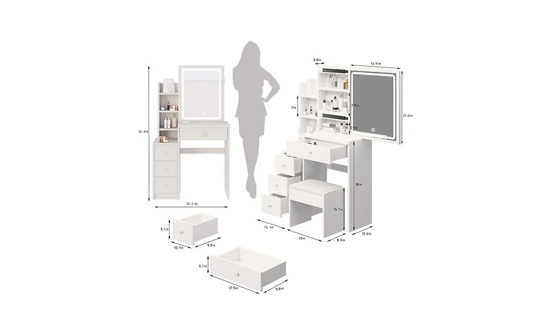 Small Left Bedside Vanity Table with Led Mirror and Cushioned Stool – Compact Makeup Station for Bedroom