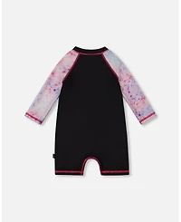 Deux par Deux Girls Printed Long Sleeve One-Piece Rashguard Black And Multicolored Butterflies