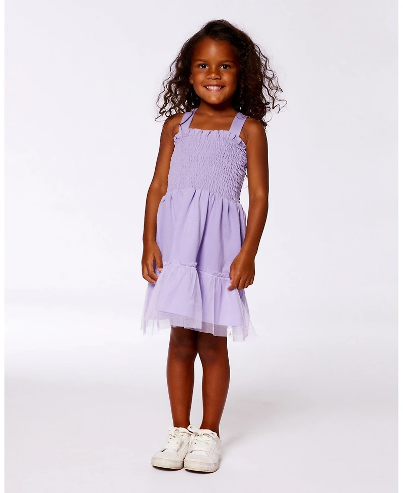 Deux par Big Girls Smocked Organic Cotton Dress With Mesh Frill Lilac