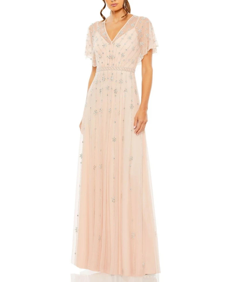 Mac Duggal Women's V-Neck Embellished Flutter Sleeve A Line Gown