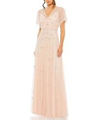 Mac Duggal Women's V-Neck Embellished Flutter Sleeve A Line Gown