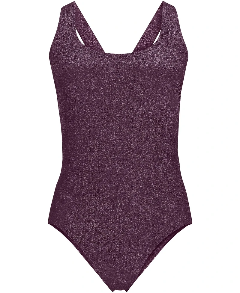 Lands' End Women's Chlorine Resistant Shine X-Back High Leg Soft Cup Tugless One Piece Swimsuit