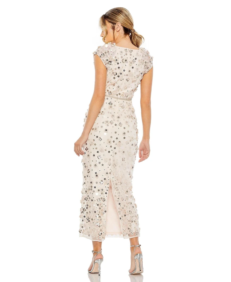 Mac Duggal Women's Floral Applique Cap Sleeve Column Dress
