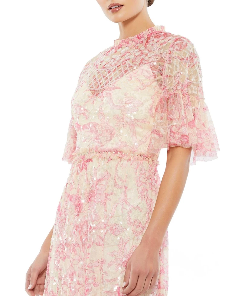 Women's Flounce Sleeve Embellished Dress