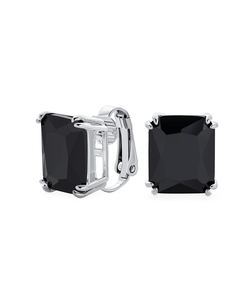Bling Jewelry Rectangle Shape Statement 7CT Emerald Cut Cz Solitaire Clip On Stud Earrings Rhodium Plated Brass Non Pierced 14MM x 12MM