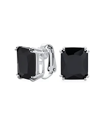 Bling Jewelry Rectangle Shape Statement 7CT Emerald Cut Cz Solitaire Clip On Stud Earrings Rhodium Plated Brass Non Pierced 14MM x 12MM