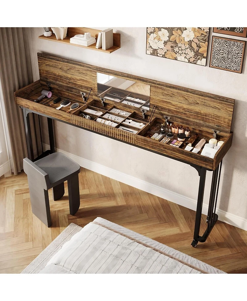 Tribesigns Overbed Table with Wheels, Mobile Computer Desk Makeup Vanity Desk with Storage, Standing Laptop Cart, Over Bed Makeup Table with Mirror, V
