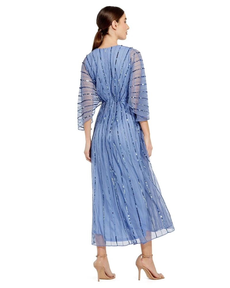 Mac Duggal Women's Beaded Striping Kimono Sleeve V Neck Dress