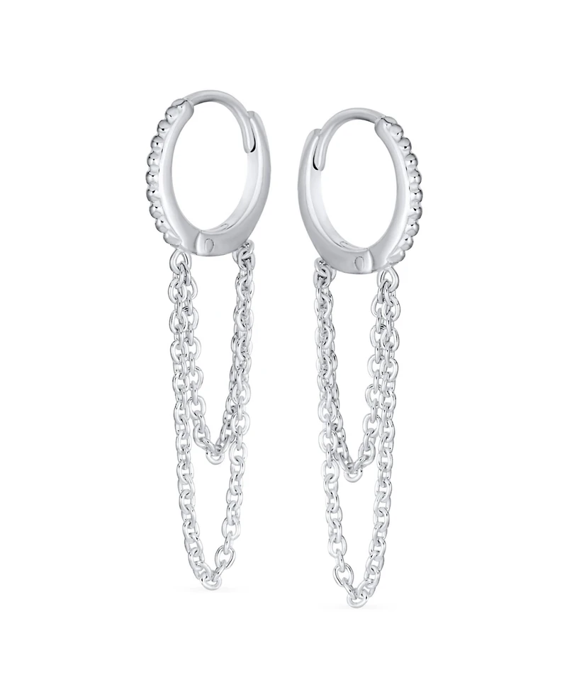 Bling Jewelry Trendy Dainty Cz Hoop Earrings with Pave Accent and Double Chain in Sterling Silver