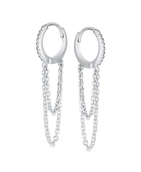 Bling Jewelry Trendy Dainty Cz Hoop Earrings with Pave Accent and Double Chain in Sterling Silver