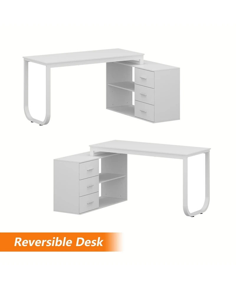 Famapy 55.1 in. L-Shaped Brown Wood Computer Desk Writing Office Executive W/Removable Tabletop, Shelves, 3-Drawers