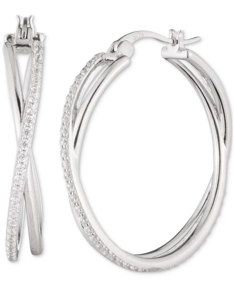 Lauren Ralph Lauren Sterling Silver Cubic Zirconia Pave Medium Hoop Earrings, 1.3"