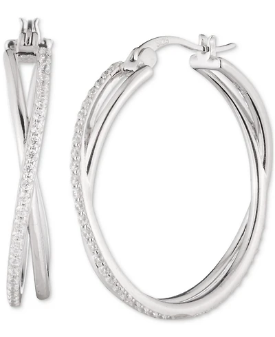 Lauren Ralph Lauren Sterling Silver Cubic Zirconia Pave Medium Hoop Earrings, 1.3"