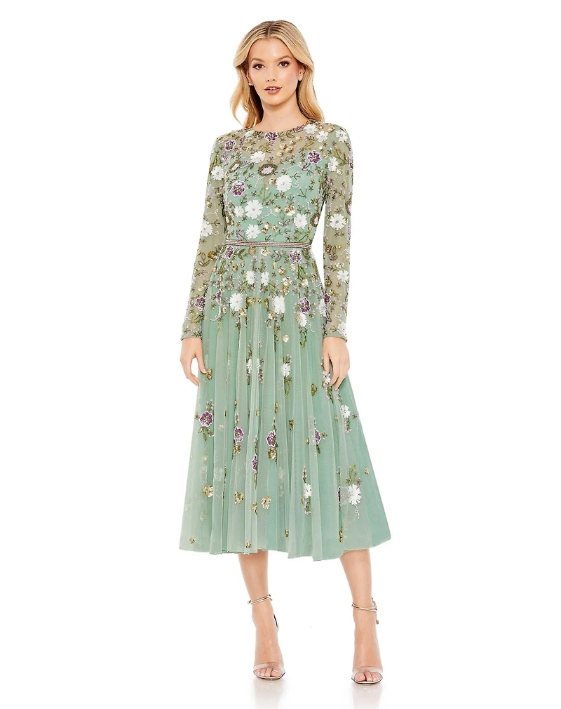 Mac Duggal Women's Sequined Floral Long Sleeve High Neck Midi Dress
