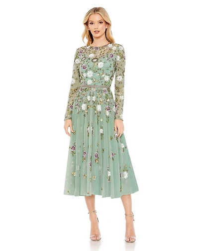 Mac Duggal Women's Sequined Floral Long Sleeve High Neck Midi Dress