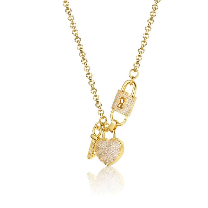 Sterling Silver 14K Gold Plated with Clear Cubic Zirconia Heart & Padlock Charm Necklace