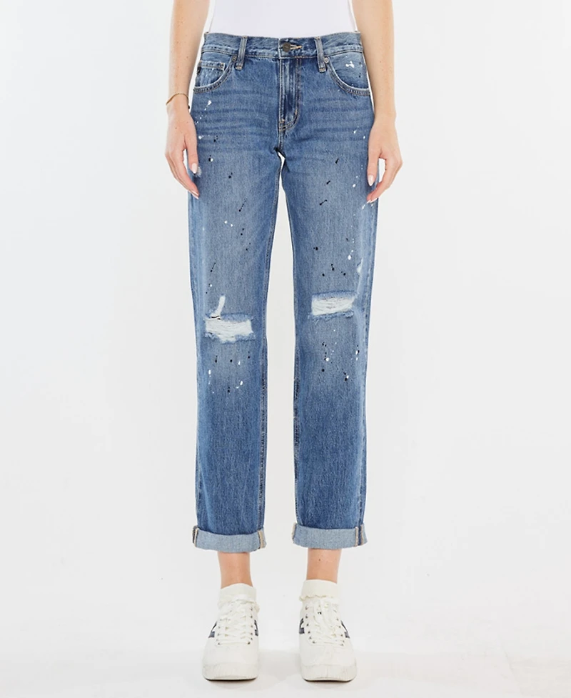 Kancan Women's Paint Effect Mid Rise Boyfriend Jeans