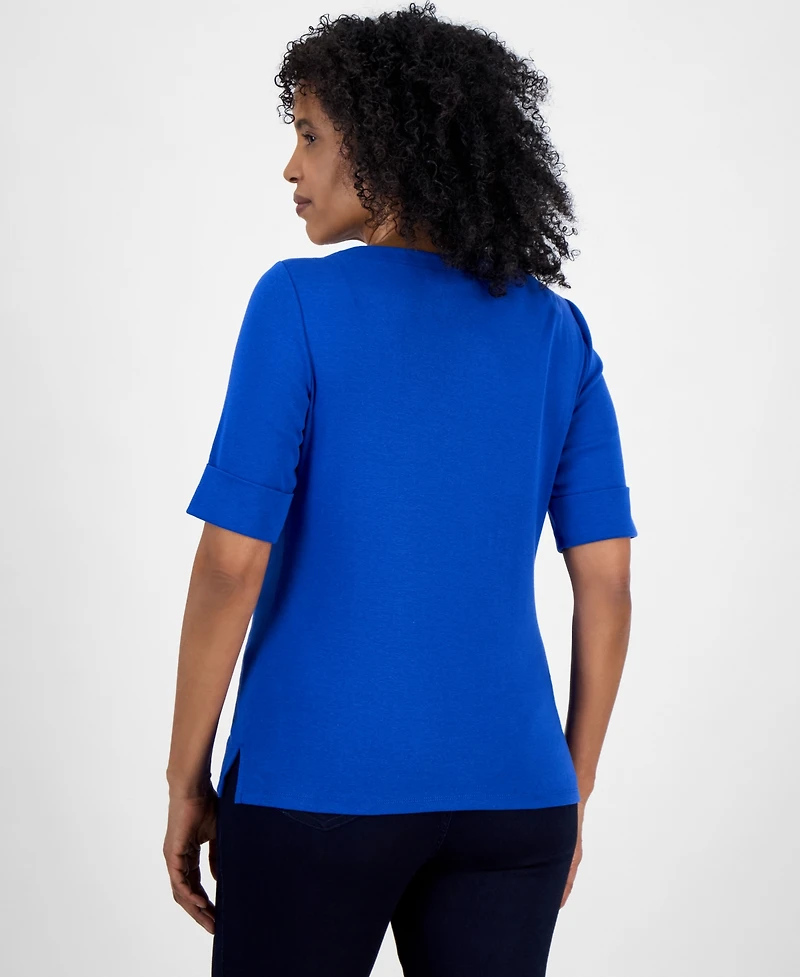 Style & Co Petite Cotton Elbow-Sleeve Boat-Neck Top, Exclusively at Macy's