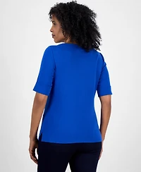 Style & Co Petite Cotton Elbow-Sleeve Boat-Neck Top, Exclusively at Macy's
