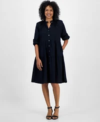 Style & Co Petite Smocked 3/4-Sleeve Tiered Shirtdress, Exclusively at Macy's