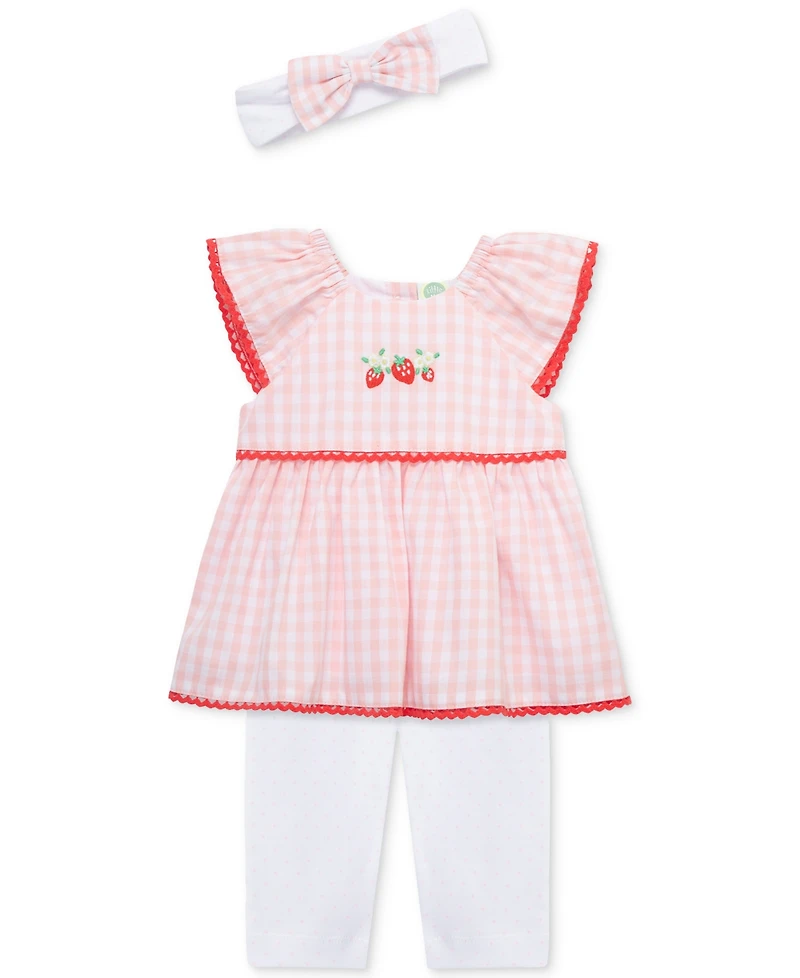 Little Me Baby Girls 3-Pc. Strawberry Check Top, Leggings & Headband Set