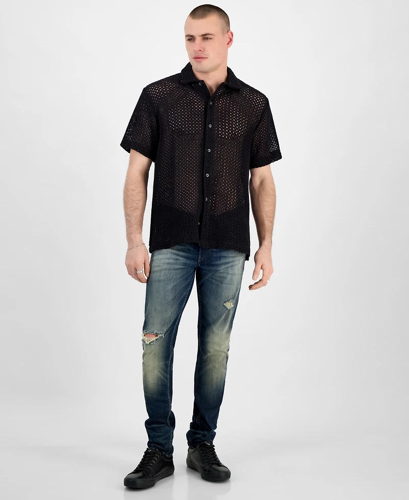 Guess Men's Relaxed-Fit Open Mesh-Knit Button-Down Shirt