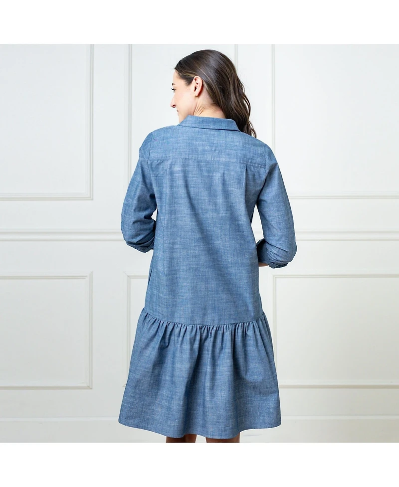 Hope & Henry Women's Organic Chambray Long Sleeve Drop Waist Shirt Dress