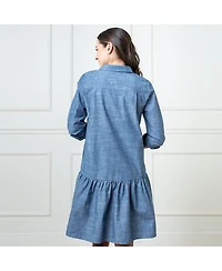 Hope & Henry Women's Organic Chambray Long Sleeve Drop Waist Shirt Dress