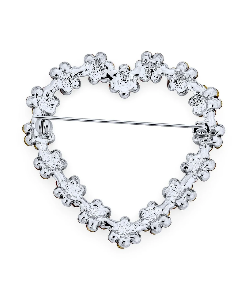 Bling Jewelry Romantic Pink Crystal Heart Flower Brooch Pin Rhodium Plated Alloy