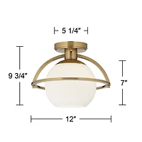 Oblys 12" Modern Semi Flush-Mount Mini Ceiling Light Fixture Kitchen Foyer Hallway Round Globe Warm Brass Finish White Glass Metal Bedroom Bathro