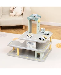 3-Tier Wooden Garage Playset with Working Elevator Helipad Ramp Car Wash Center