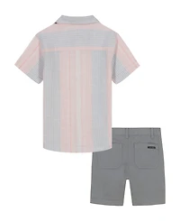 Calvin Klein Toddler and Little Boys 2-Piece Striped Woven Button Front Washed Twill Shorts Set