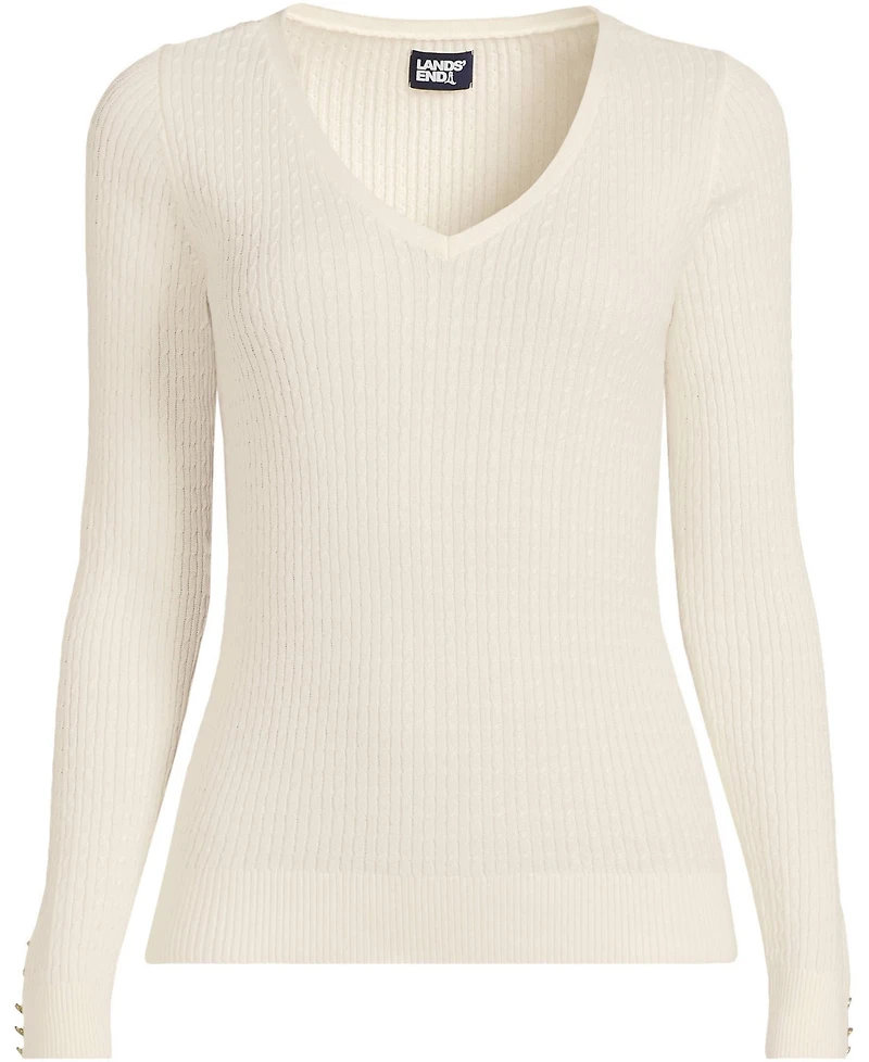 Lands' End Women's Fine Gauge Cotton Baby Cable Vneck Sweater