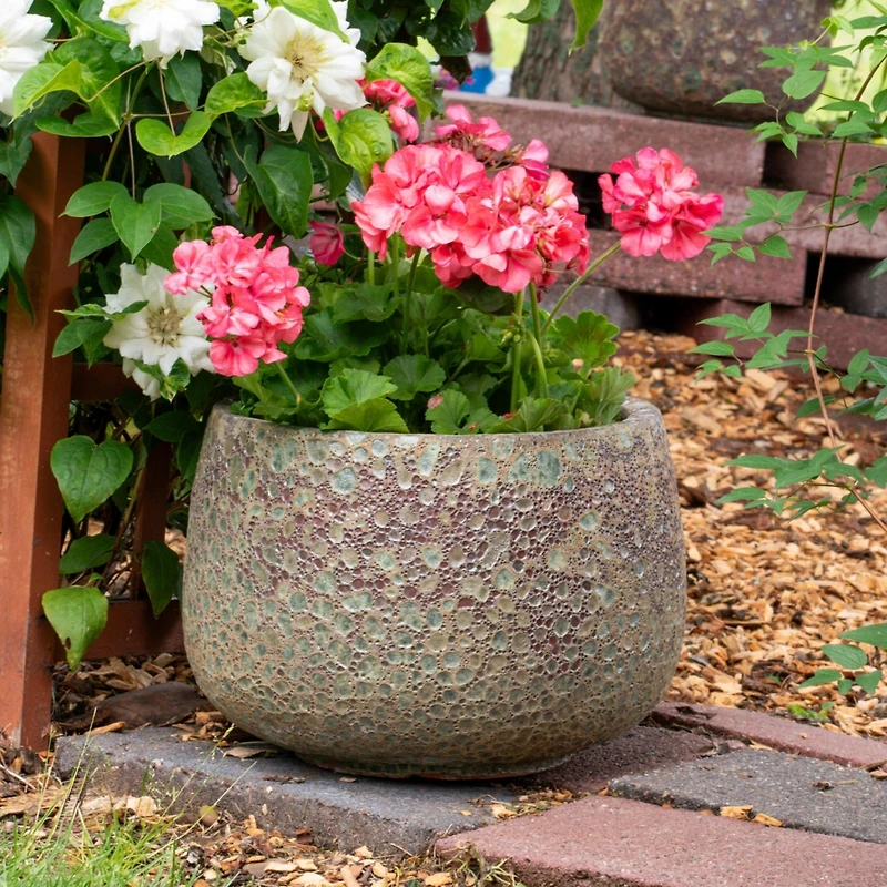 Round Lava Finish Ceramic Planter - Green Distressed Ceramic - 14" Round
