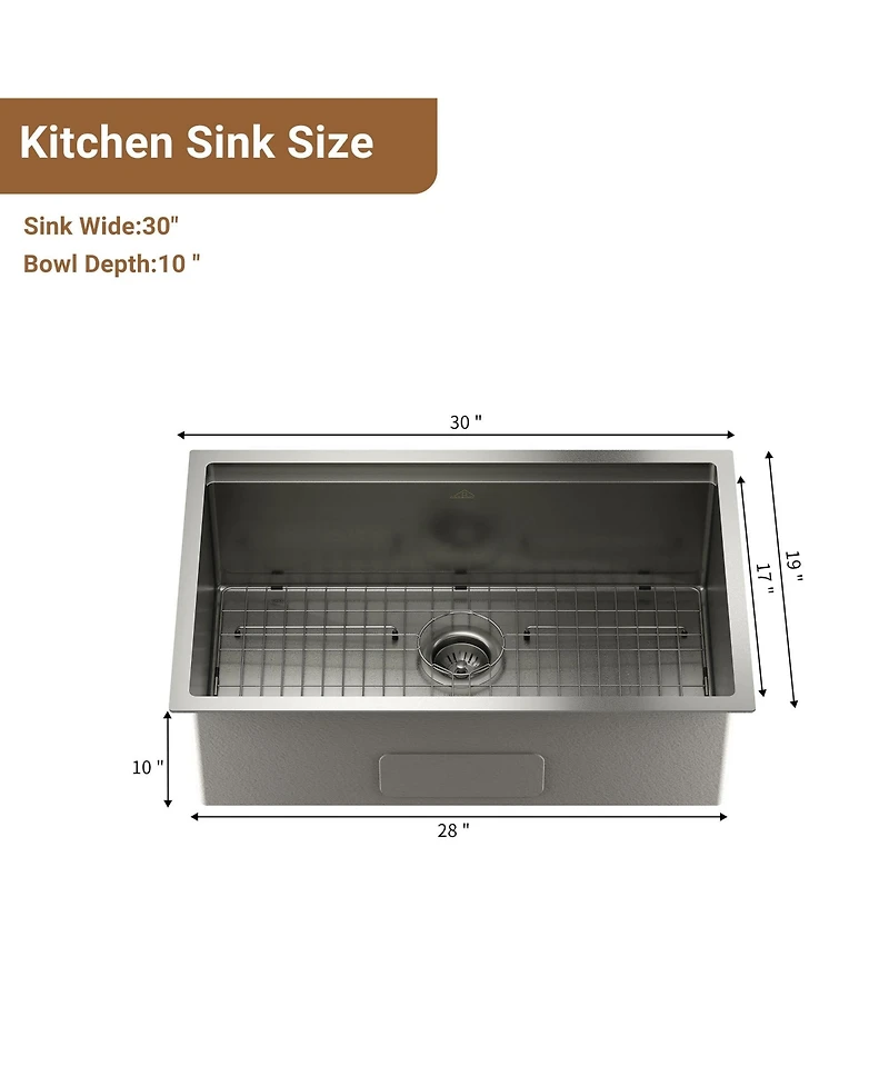 30'' Stainless Steel Kitchen Sink Faucet Sets, Kitchen Undermount Single Bowl with Cutting Board, Roller Blind, Drain Basket, Drain Grid and Drainer