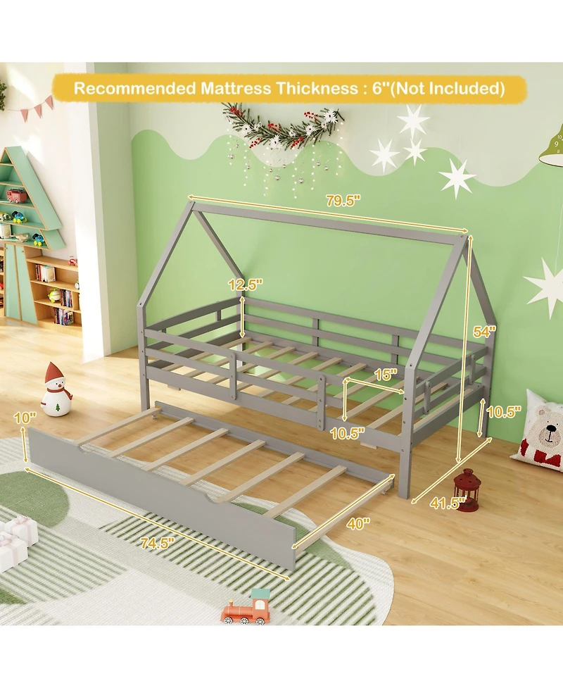 Wooden House Frame Bed with Trundle and Guard Rails for Toddlers or Kids