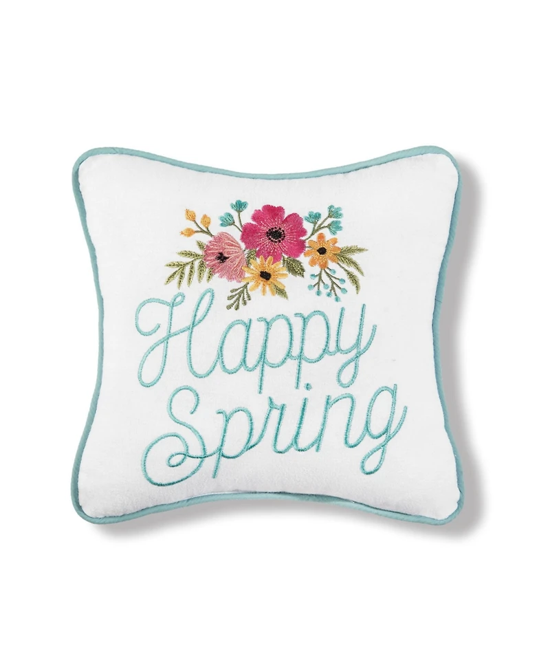 10" x 10" Floral Flowers "Happy Spring" Embroidered Small/Petite Accent Throw Pillow