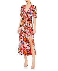Mac Duggal Women's Floral Print Front Tie Puff Sleeve Flowy Midi Dress