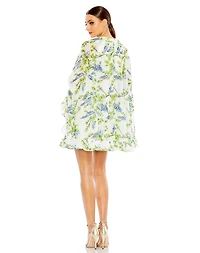 Mac Duggal Women's Floral Print High Neck Ruffle Hem Cape Mini Dress