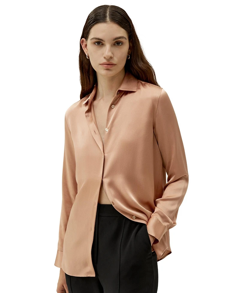 Women's Minimalist Placket Silk Blouse with Shell Buttons