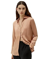 Women's Minimalist Placket Silk Blouse with Shell Buttons