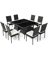 10PCS Patio Rattan Dining Set Cushioned Chair Table with Glass Top Garden Furniture