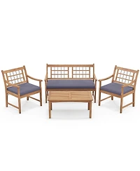 4 Piece Wood Patio Furniture with Armchairs Loveseat and Coffee Table